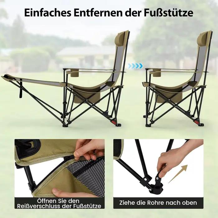 Chaise de pêche pliante avec repose-pieds amovible et dossier réglable couleur kaki
