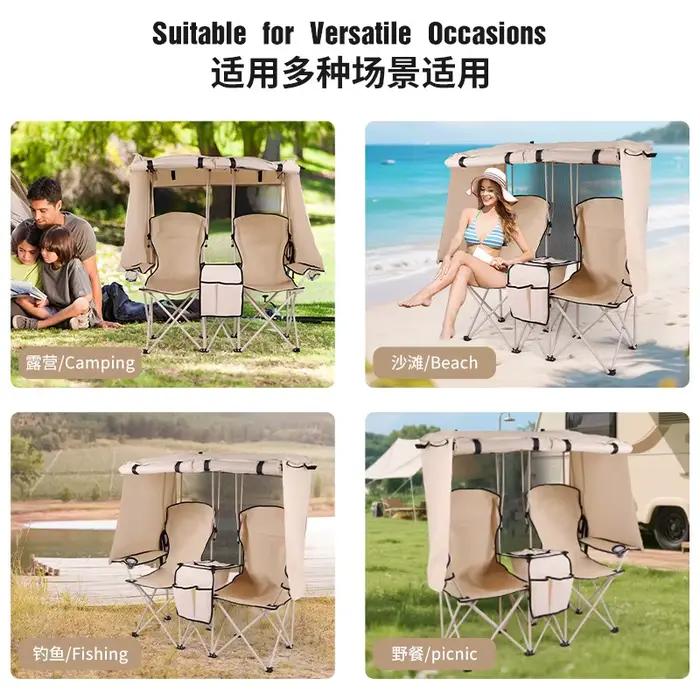Paire de chaises pliantes double avec pare-soleil intégré pour pêche et plage en couple