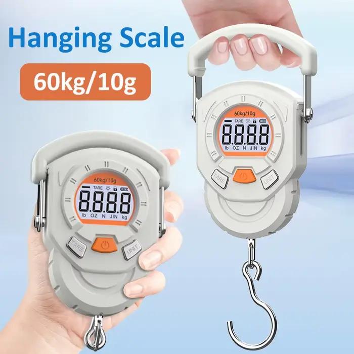 Balance digitale LCD portable 60kg précision 10g pour bagages et pesée poissons avec crochet suspendu