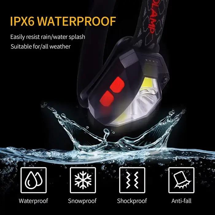 Lampe frontale LED détecteur de mouvement 6 modes - Frontale pêche rechargeable USB étanche XPE+COB