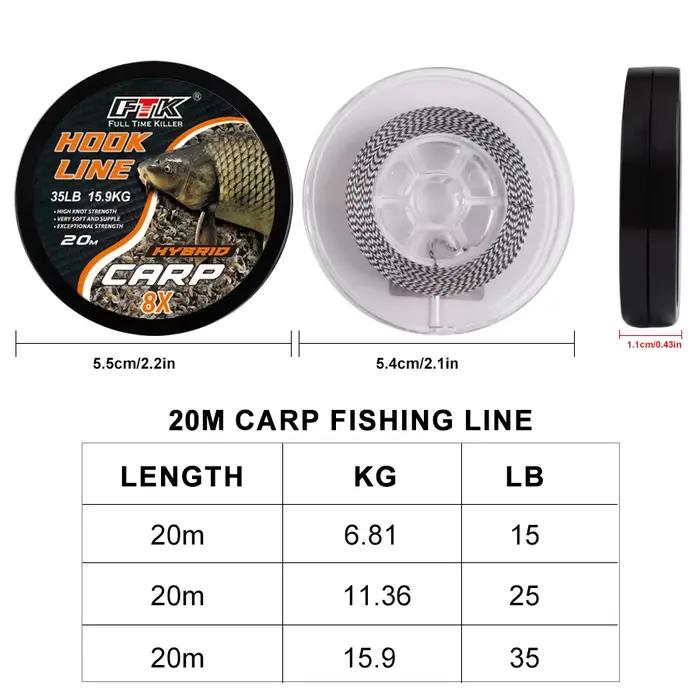 Ligne Carp Fishing FTK 20m 15/25/35LB pour hair rig - Tressée non gainée souple pour pêche carpe