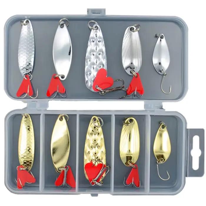 Kit complet 10 leurres cuillère métal or et argent - Set avec boîte de rangement pour pêche tous carnassiers