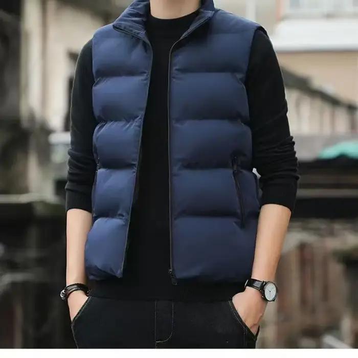 Veste hiver sans manches homme col montant matelassée en coton épais pour la pêche