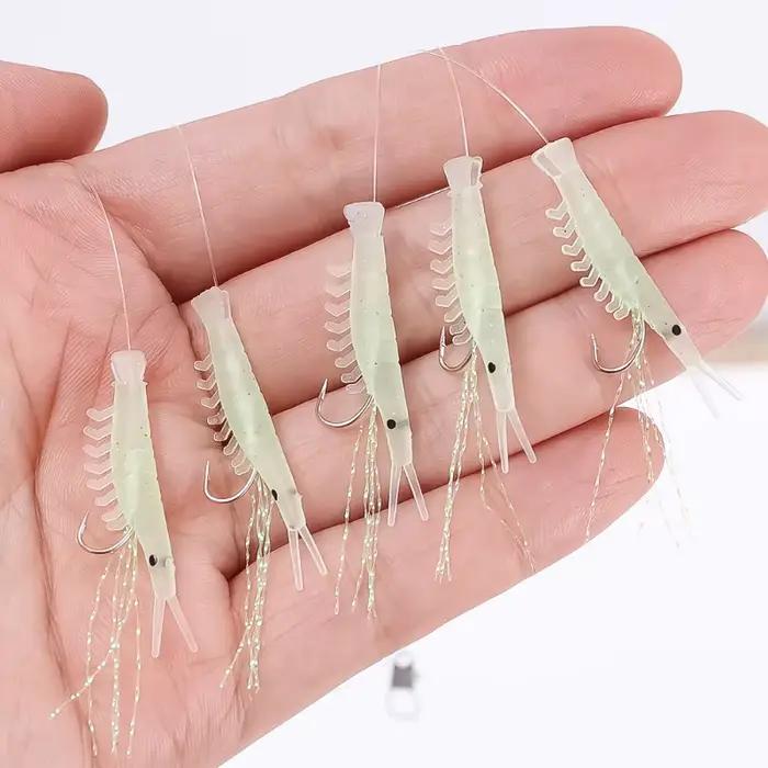 Leurres souples crevettes lumineux 5 pièces - Hameçons barbelés pour maquereau et morue - Pêche en mer
