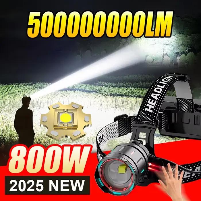 Nouvelle lampe frontale LED 800W 500 millions lumens zoomable 2025 pour pêche chasse