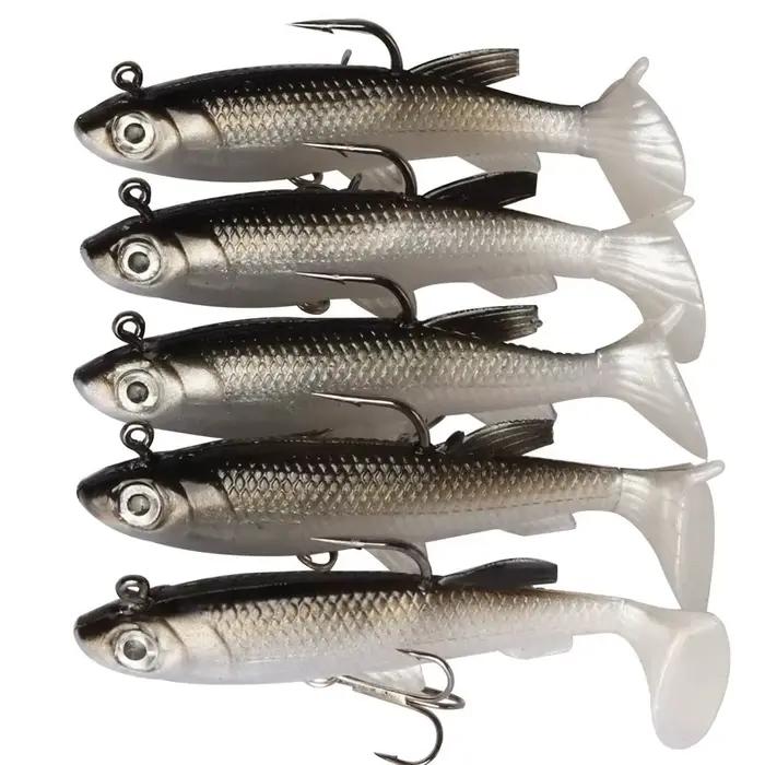 Kit de 5 leurres souples pêche 8cm avec hameçons, appâts artificiels pour carnassiers