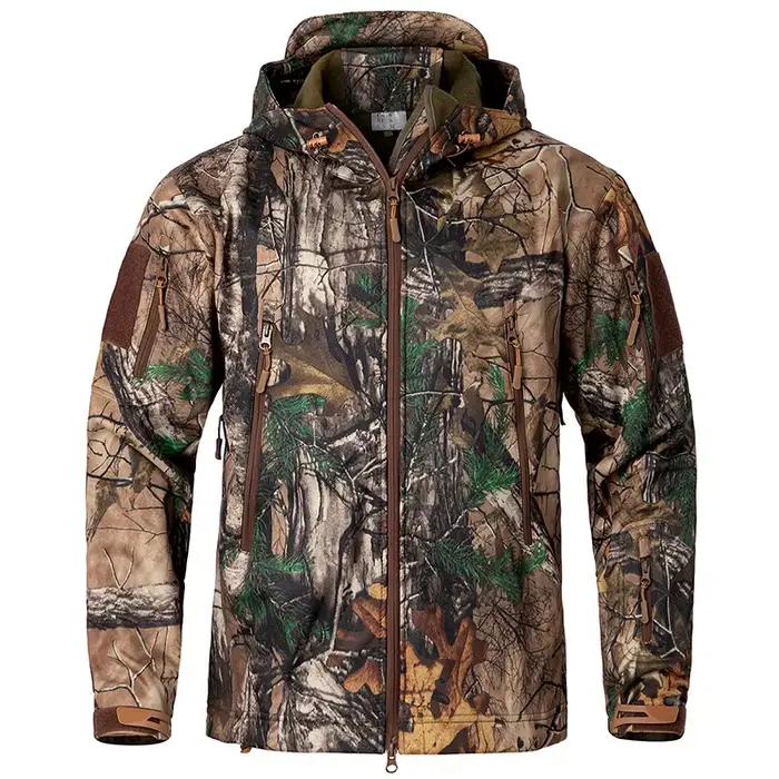 Veste de pêche camouflage silencieuse imperméable - Softshell polaire pour pêche discrète
