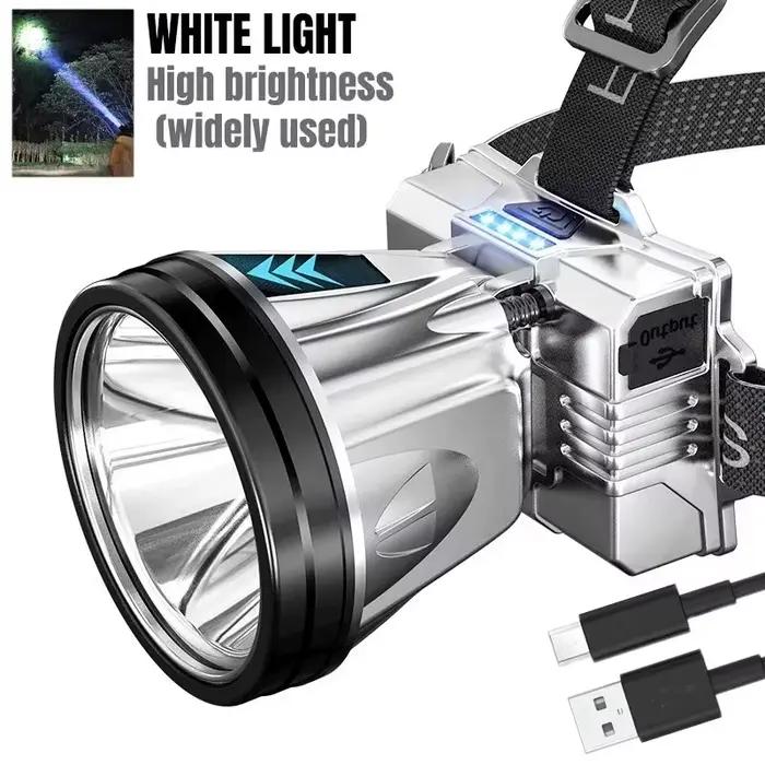 Lampe frontale étanche 10000mAh super lumineuse rechargeable pour pêche camping et urgences