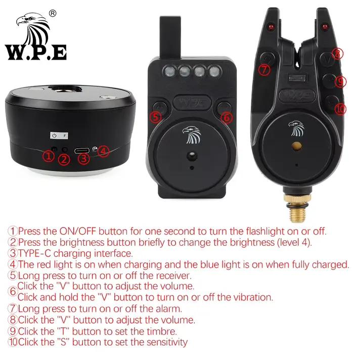 Set électronique W.P.E 4+1 pour pêche à la carpe avec alarme sans fil et lumière de tente - Alarme feeder