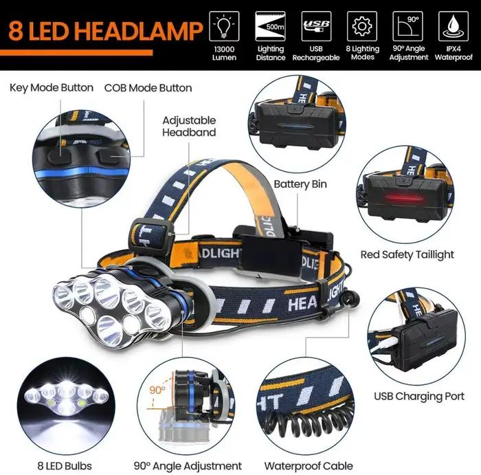 Lampe frontale puissante 8 LED étanche pour pêche nocturne et camping - 8 modes d'éclairage