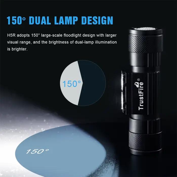 Lampe frontale Trustfire H5R rechargeable USB 600lm double tête pour pêche et chasse