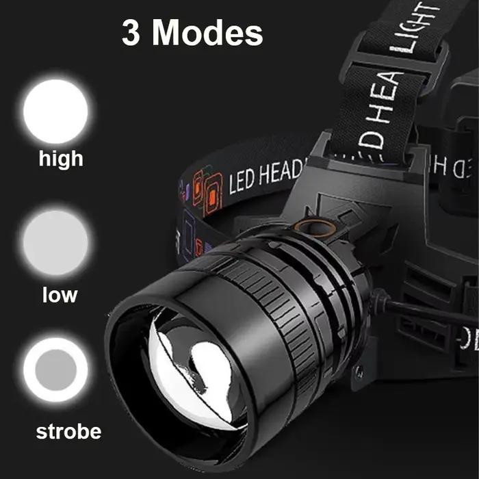 Lampe frontale pêche puissante rechargeable zoomable - Étanche IPX5 - Haute luminosité pour travail précis