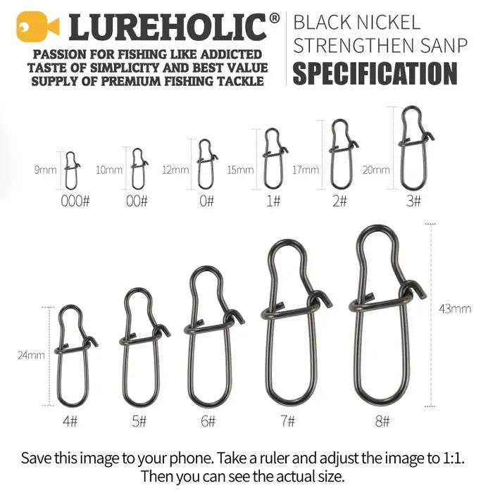 Snap rapide renforcé LUREHOLIC noir nickel SUS304 pour leurres durs et souples pêche 20-100 pièces tailles variées