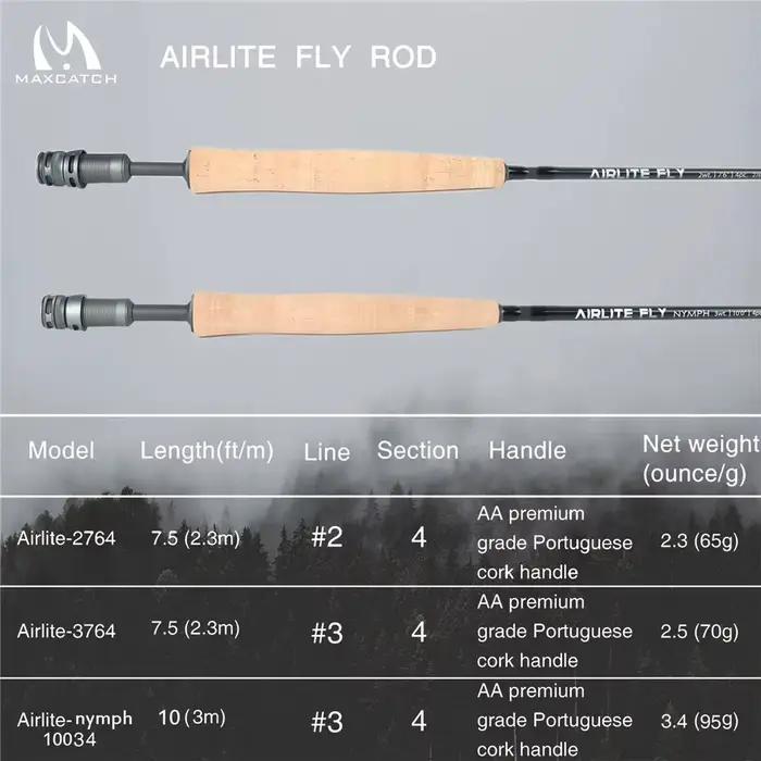 Canne à mouche ultra légère Airlite Maximumcatch 7'6''/10'0'' 2/3WT graphite IM10/30T+36T carbone tube