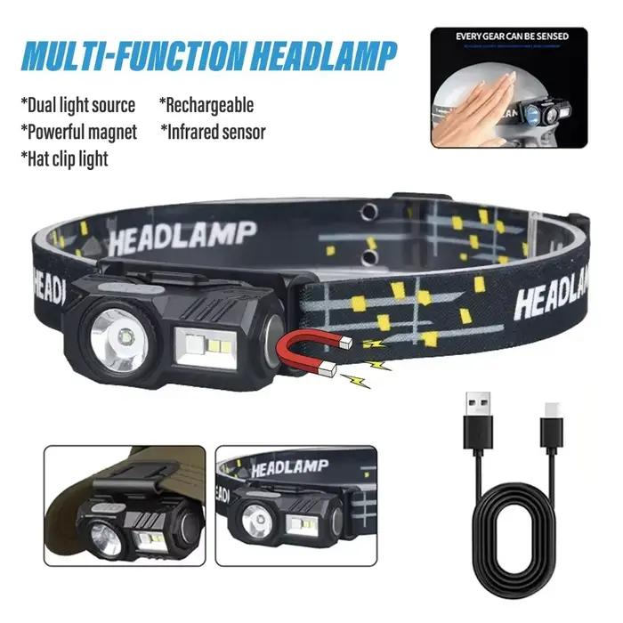 Mini lampe frontale LED avec aimant pour pêche et camping rechargeable USB et capteur de mouvement