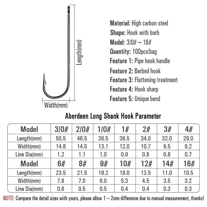 100 hameçons Aberdeen longue tige #16-3/0 - Pour sabiki rigs et pêche en eau douce ou salée