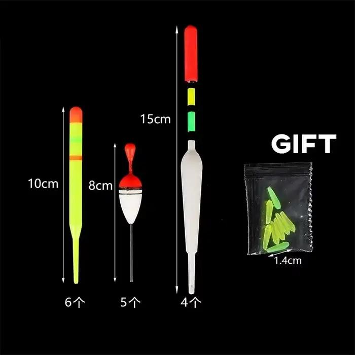 Flotteur de pêche vertical lumineux 15 pièces pour la carpe, appât multifonction avec bâton phosphorescent