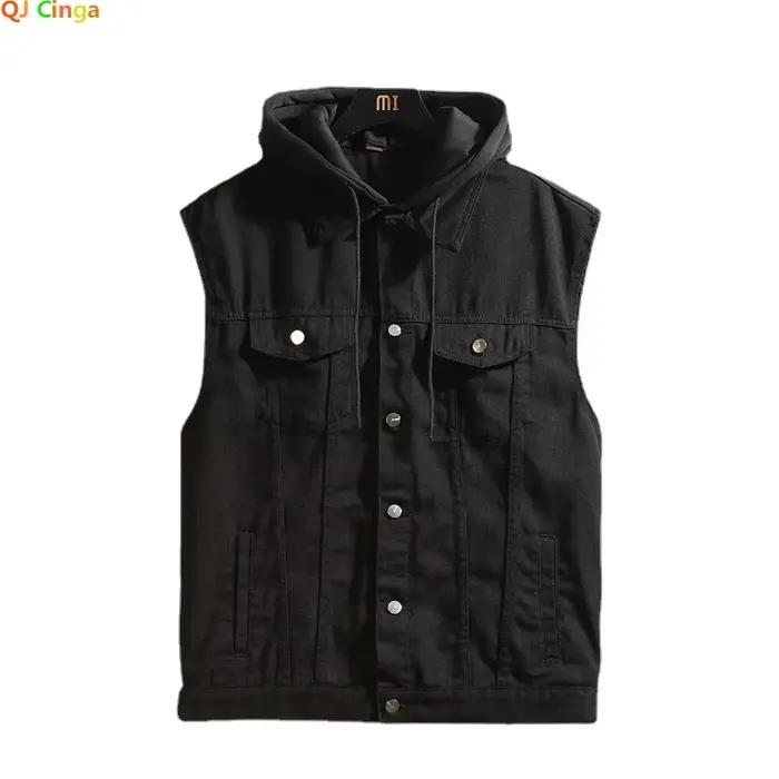 Veste sans manches denim homme printemps été automne noire avec capuche pour ados grande taille M-5XL