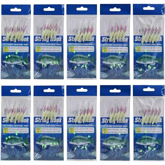 Lot de 10 montages sabiki mer avec peau de poisson réelle et effet luminescent pour pêche du maquereau