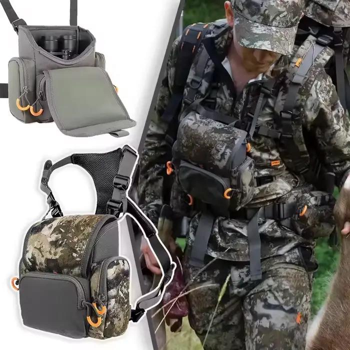 Harnais jumelles pêche camouflage - Étui poitrine réglable avec protection pluie