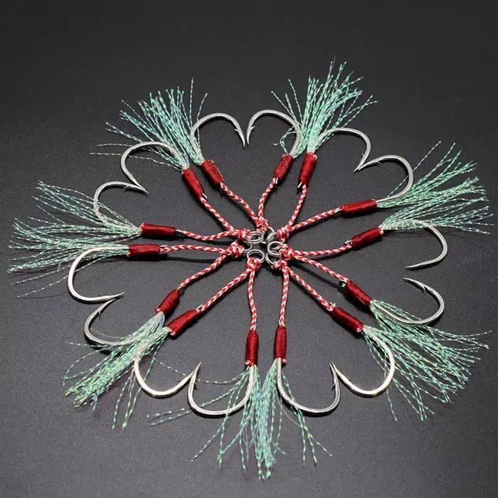 Lot de 10 hameçons doubles pour pêche jigging, plumes et acier haute carbone pour leurres de pêche lente