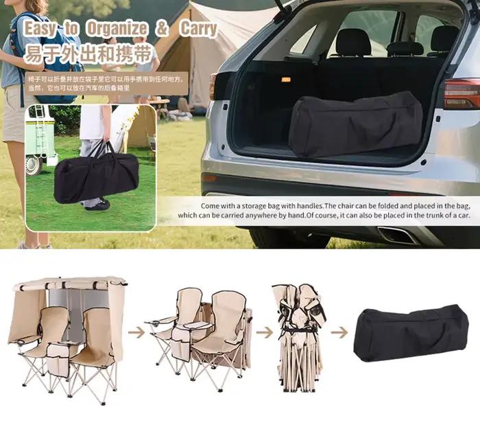 Paire de chaises pliantes double avec pare-soleil intégré pour pêche et plage en couple
