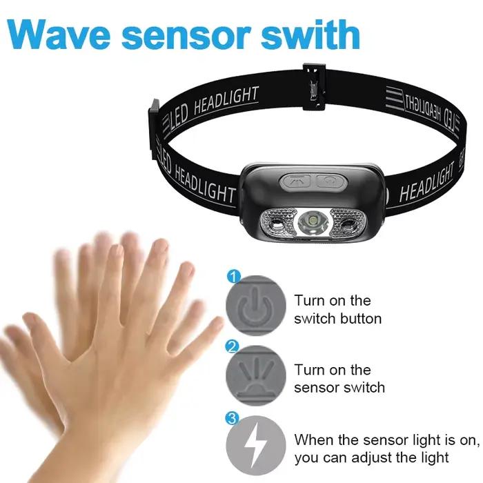 Lampe frontale mini LED puissante avec capteur pour pêche nocturne étanche et portable