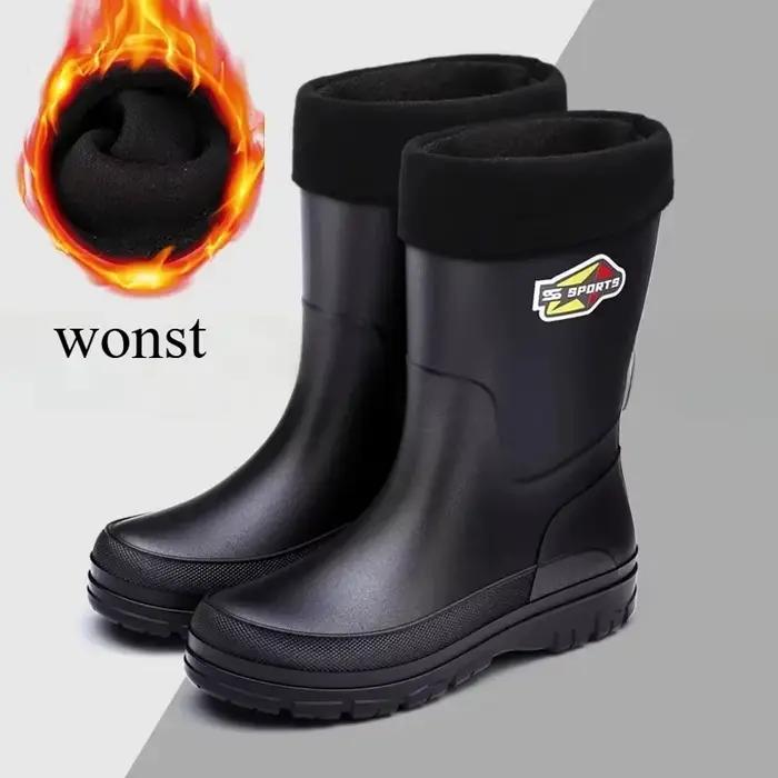 Bottes de pêche mi-mollet homme noir pur - Chaussures imperméables antidérapantes tailles 30-48 écologiques
