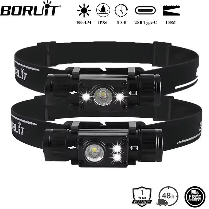 BORUiT HP300/HP500 lampe frontale LED 7 modes 1000LM USB-C pêche chasse camping