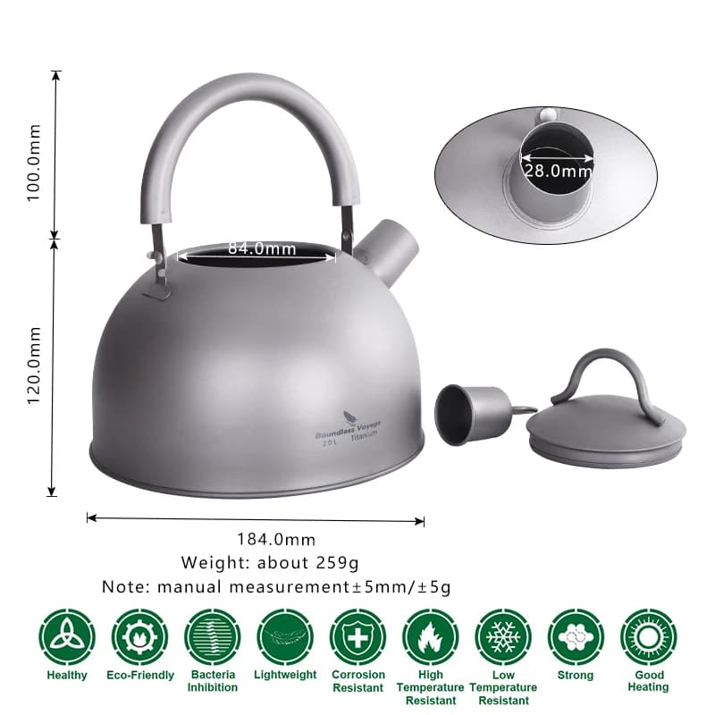 Bouilloire Titane Ultralégère 2L pour Randonnée et Pêche - Pot d'Eau Extérieur Grande Capacité avec Buzzer