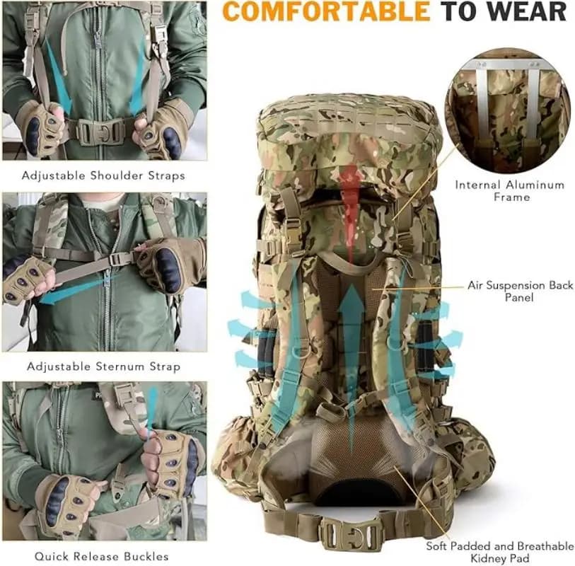 Sac à dos tactique militaire ILBE 120L découpé laser, imperméable 1000D avec pochette hydratation et radio camouflage