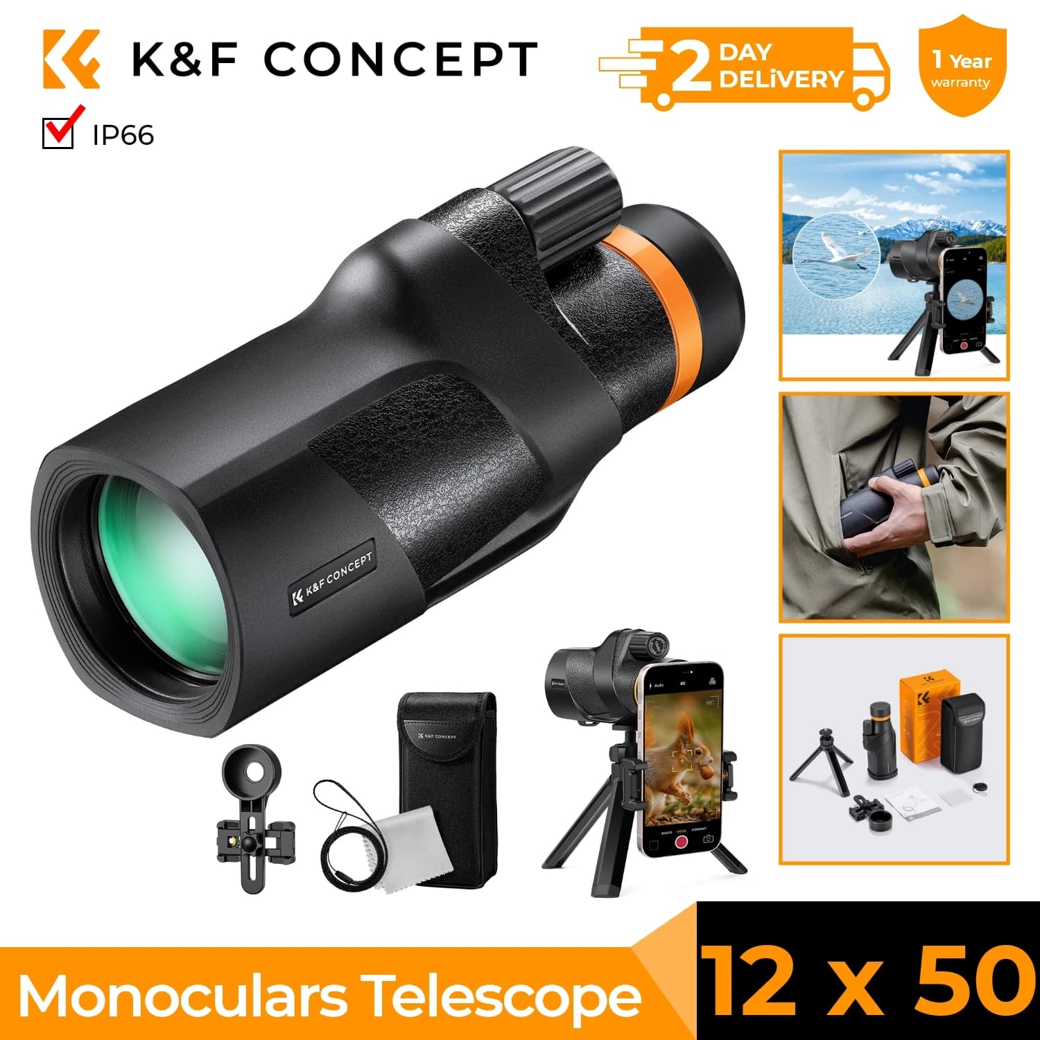 Télescope monoculaire 12x50 étanche pour observation oiseaux et chasse - HD BAK4 avec support téléphone