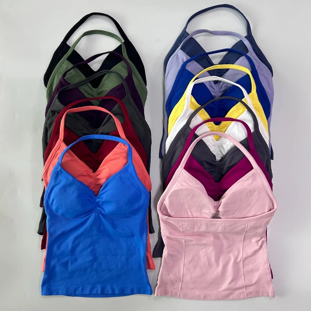 Haut palangre femme sans coutures - Bretelles soutien-gorge intégré dos nu froncé pour yoga sport