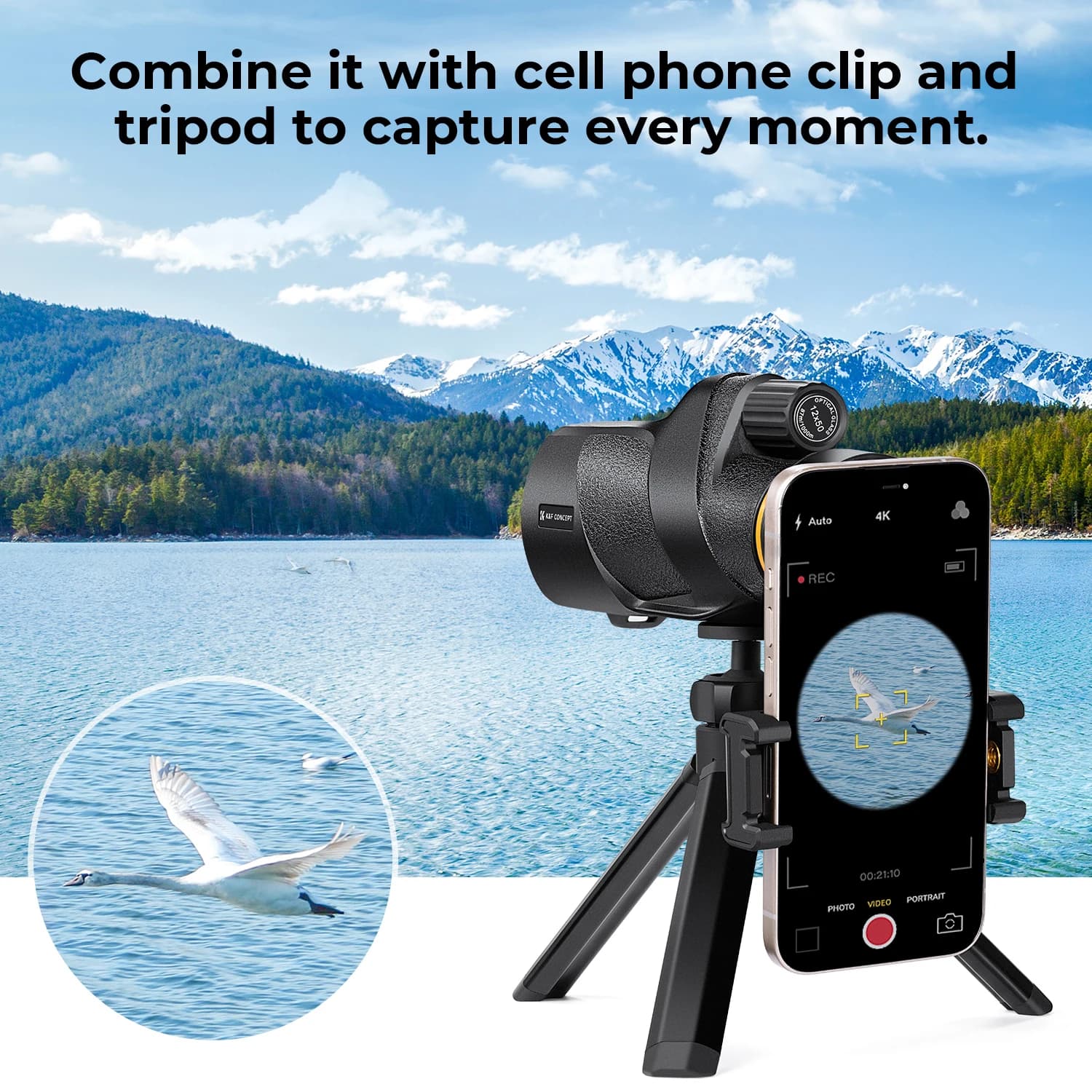 Télescope monoculaire 12x50 étanche pour observation oiseaux et chasse - HD BAK4 avec support téléphone