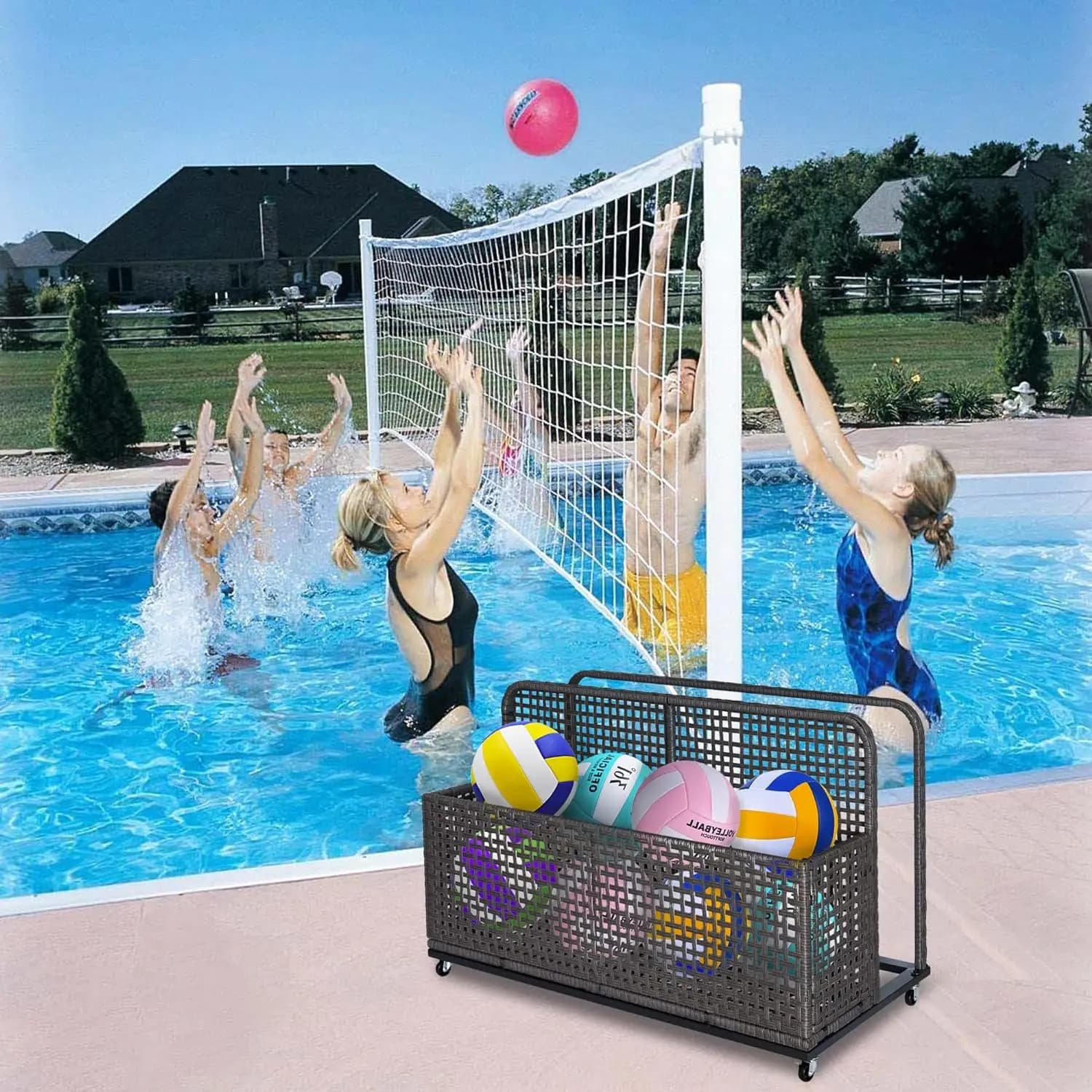 Caddie de Piscine Extérieur en Rotin PE avec Roues, Rangement pour Flotteurs et Jouets