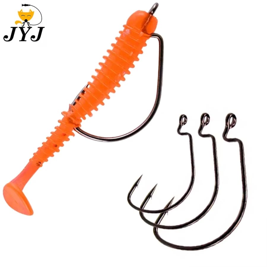 Hameçons offset JYJ 100 pièces tailles #5/0 à #8 acier carbone pour appâts souples pêche