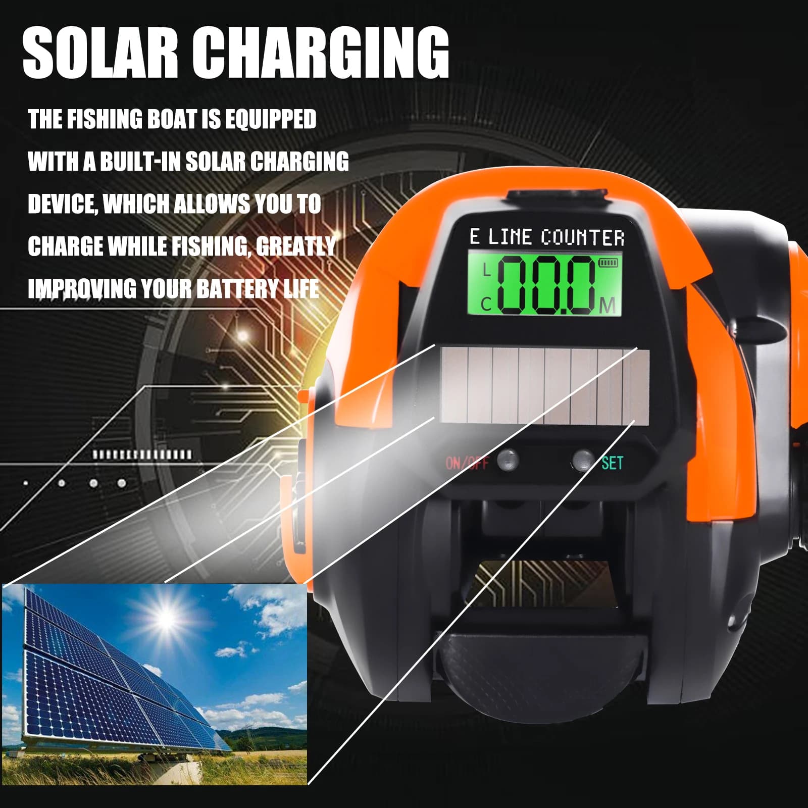Moulinet pêche SAMOLLA USB charge solaire - Baitcasting électronique 7.2:1 étanche eau salée écran LED