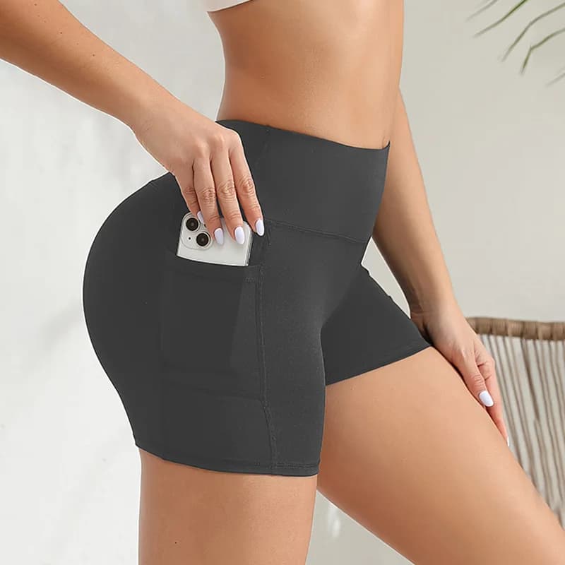 Short de yoga femme taille haute en spandex avec poches pour entraînement pêche