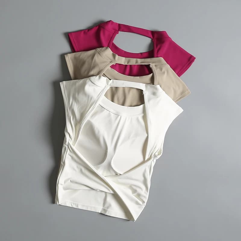 T-shirt sport femme dos nu - Coussinets intégrés, ajustement serré pour yoga et pêche active