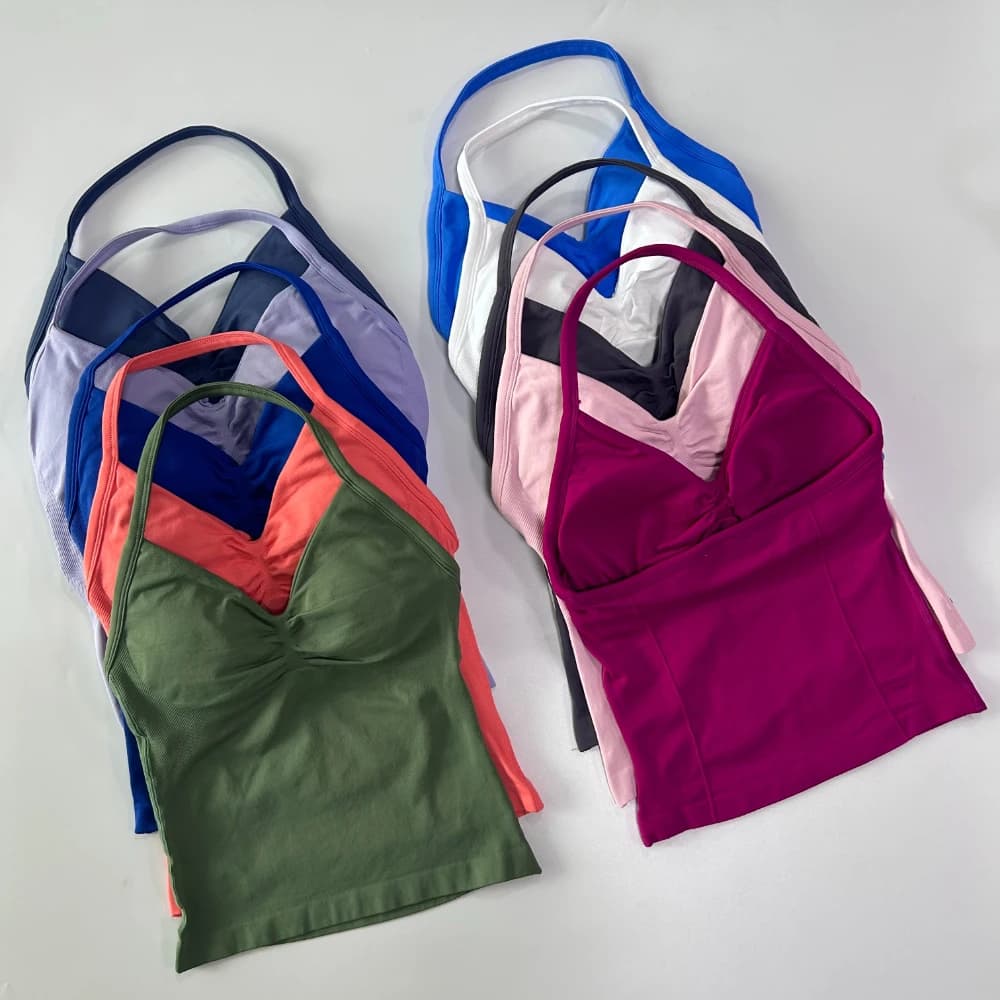 Haut palangre femme sans coutures - Bretelles soutien-gorge intégré dos nu froncé pour yoga sport