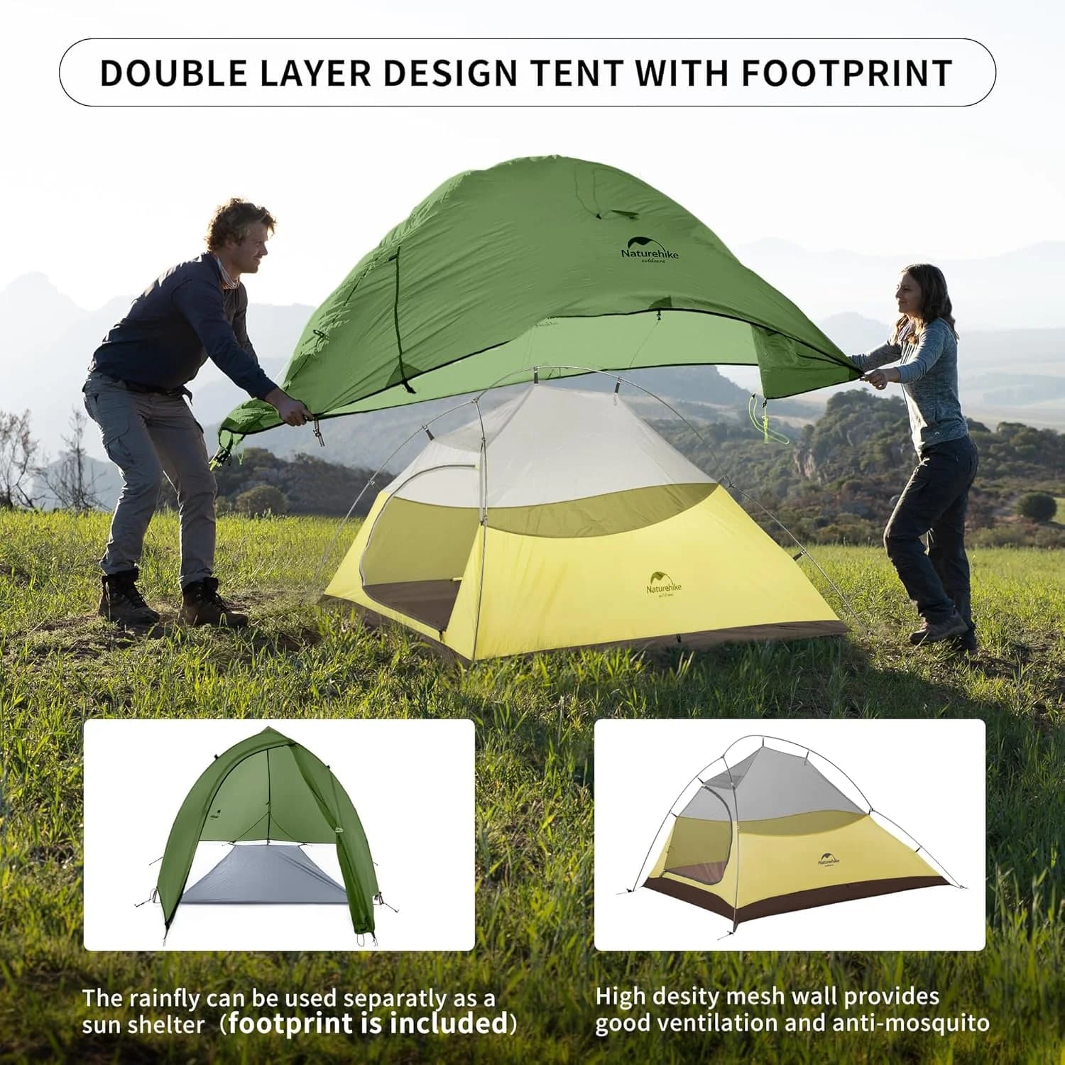 Tente ultralégère Naturehike Cloud Up 2 Pro imperméable pour 2 personnes randonnée et camping plage