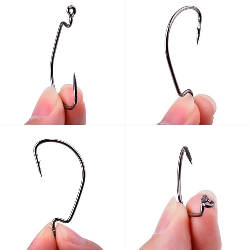 Hameçons offset JYJ 100 pièces tailles #5/0 à #8 acier carbone pour appâts souples pêche