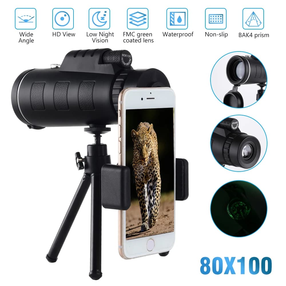 Télescope monoculaire 80x100 HD étanche - Portable longue portée avec trépied en alliage pour extérieur