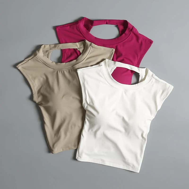 T-shirt sport femme dos nu - Coussinets intégrés, ajustement serré pour yoga et pêche active