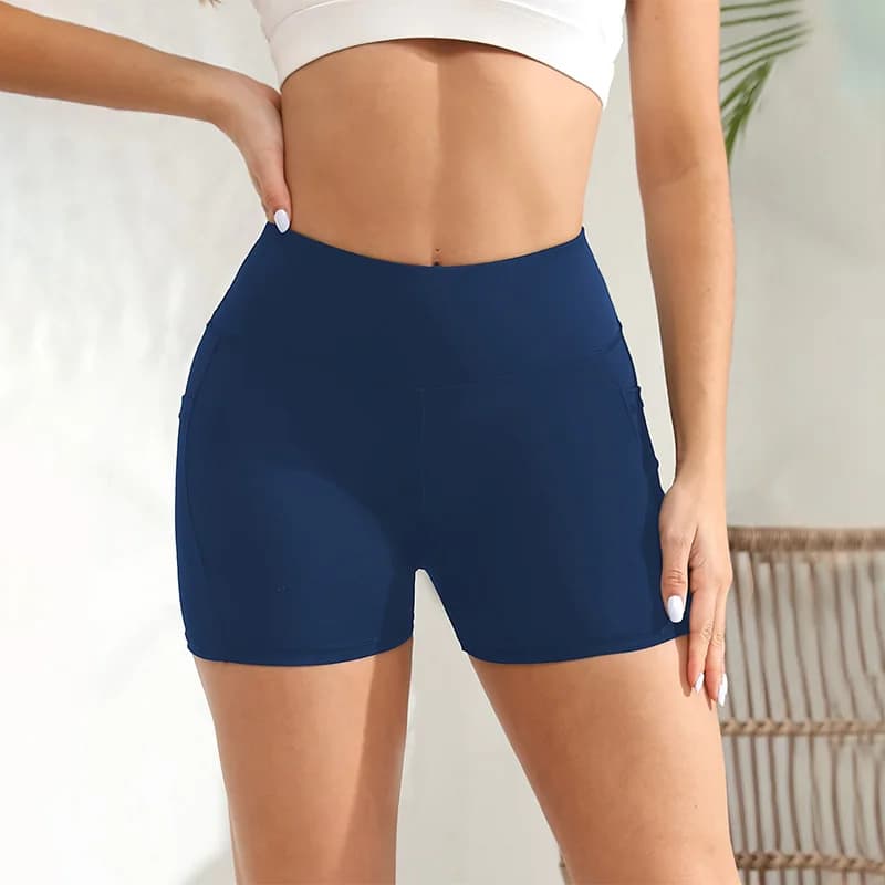 Short de yoga femme taille haute en spandex avec poches pour entraînement pêche