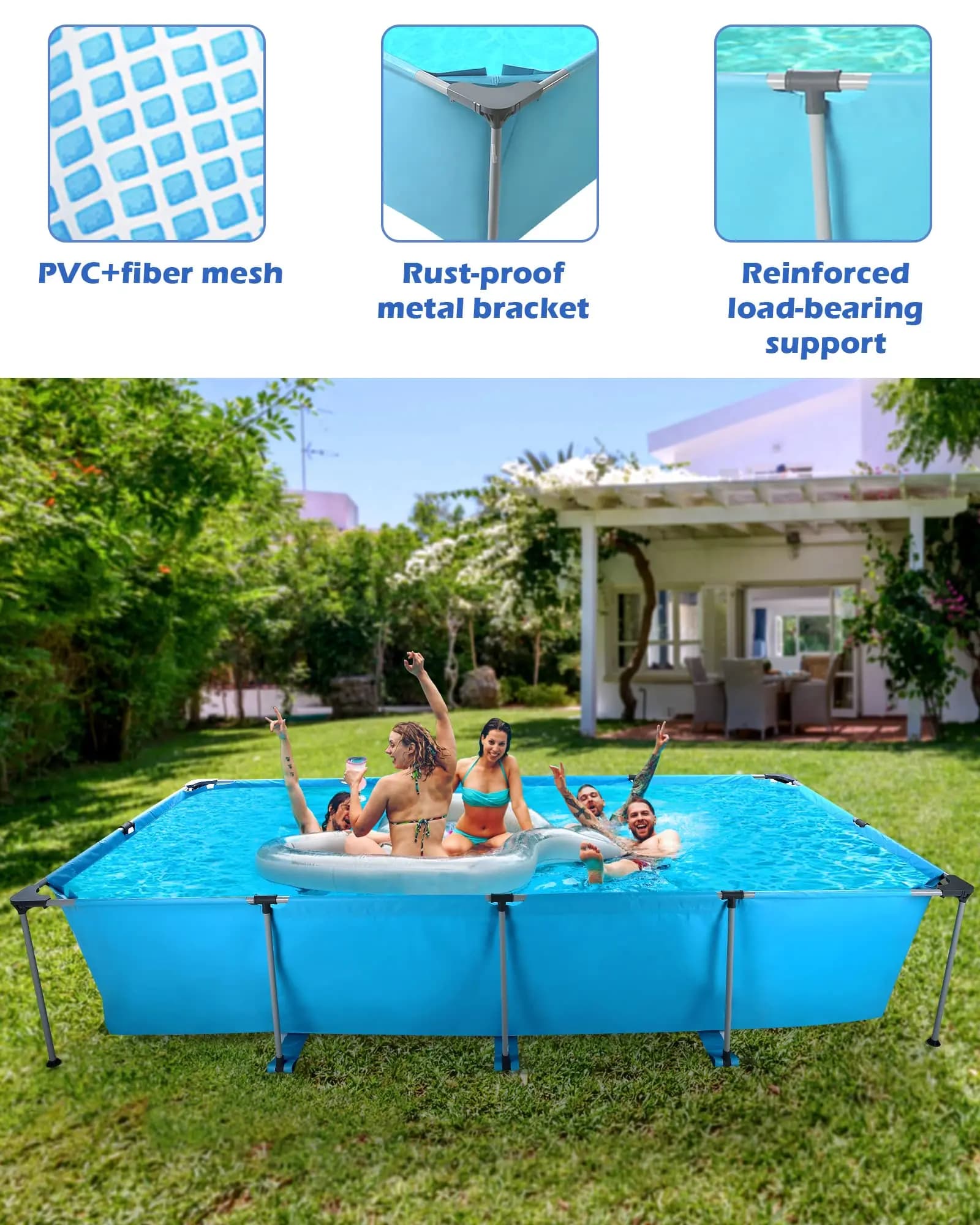 Piscine hors sol rectangulaire 15 pieds, cadre métal robuste pour jardin et arrière-cour familiale