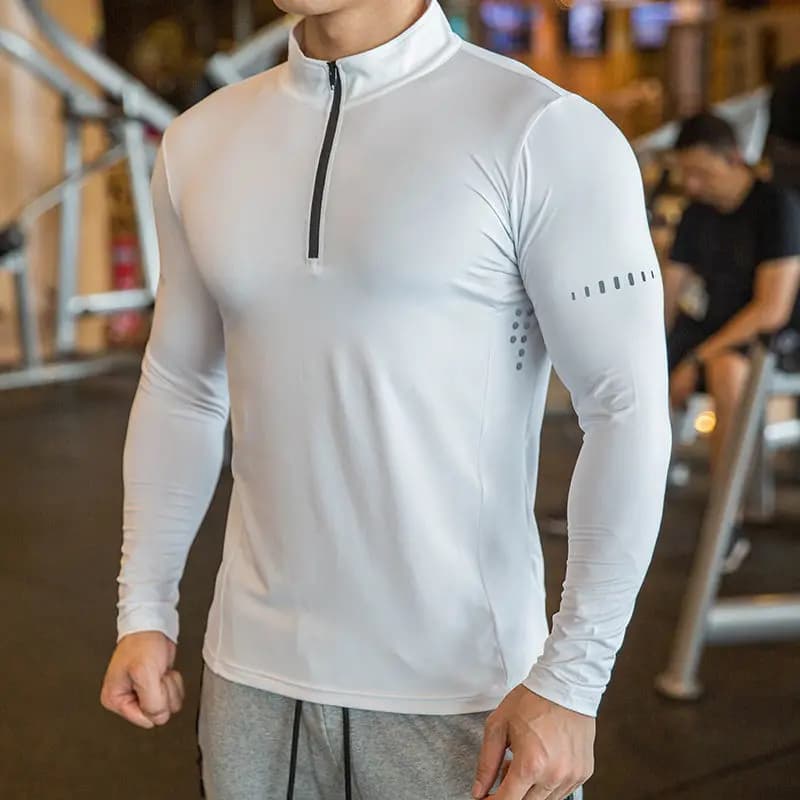 T-shirt de sport manches longues pour hommes - Coupe cintrée avec demi-fermeture éclair et col montant