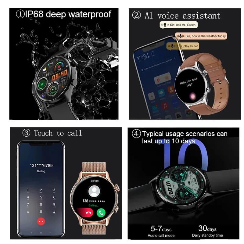 Montre Connectée 2026 Femme Homme - Smartwatch AMOLED écran toujours allumé étanche IP68 GPS Android iOS