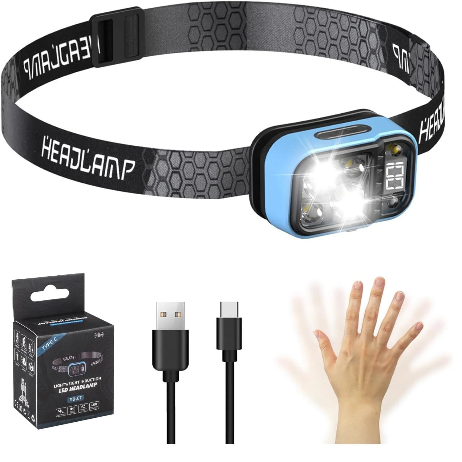 Lampe frontale rechargeable USB C avec capteur de mouvement et affichage digital : portable pour pêche et activités