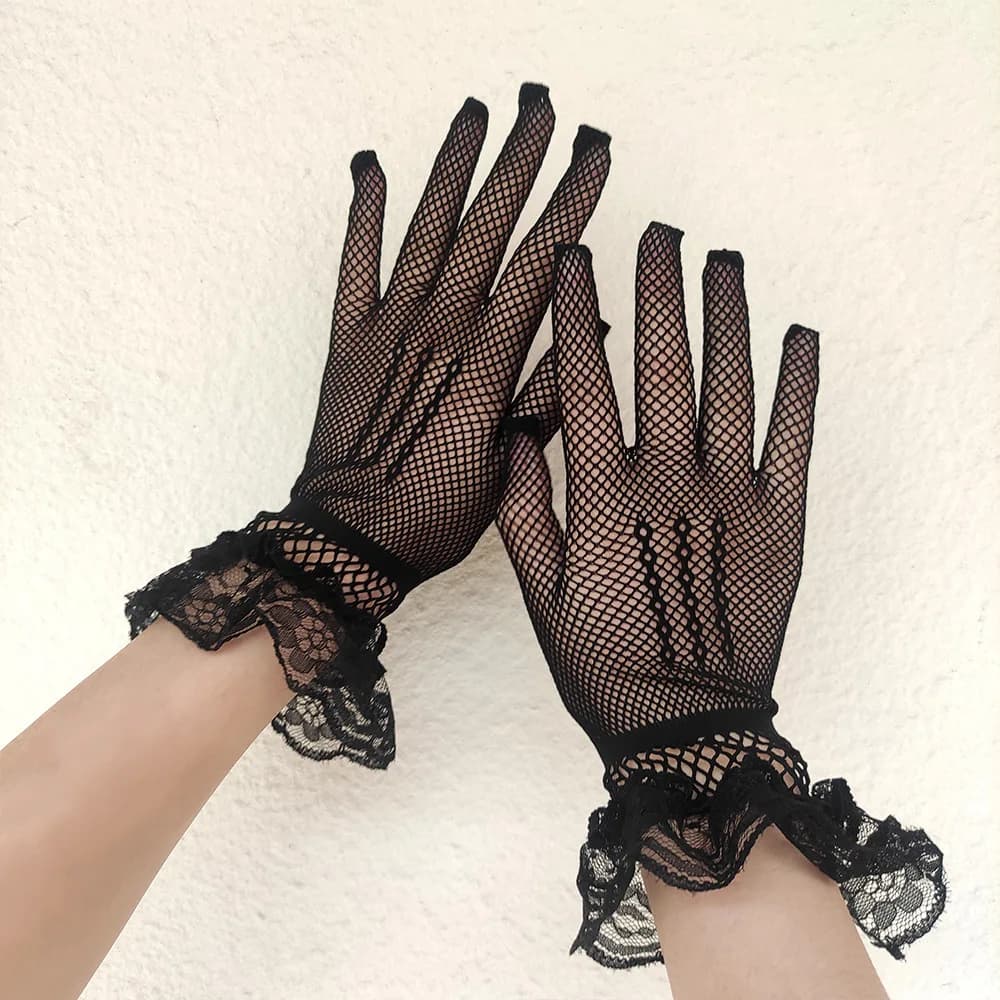 Gants conduite femme été anti-UV fins mesh fishnet dentelle volants doigts complets noir blanc